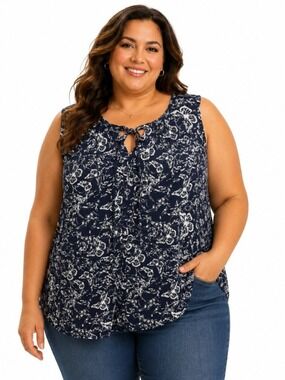 Coral Bay Navy & White Floral Keyhole Tie Sleeveless Camisole